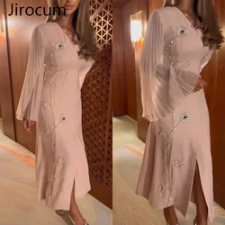 Jirocum-vestido de noche con cuentas de flores y cuello en V para mujer, fiesta de graduación elegante para vestido plisado, manga acampanada, abertura frontal, vestidos formales para ocasiones