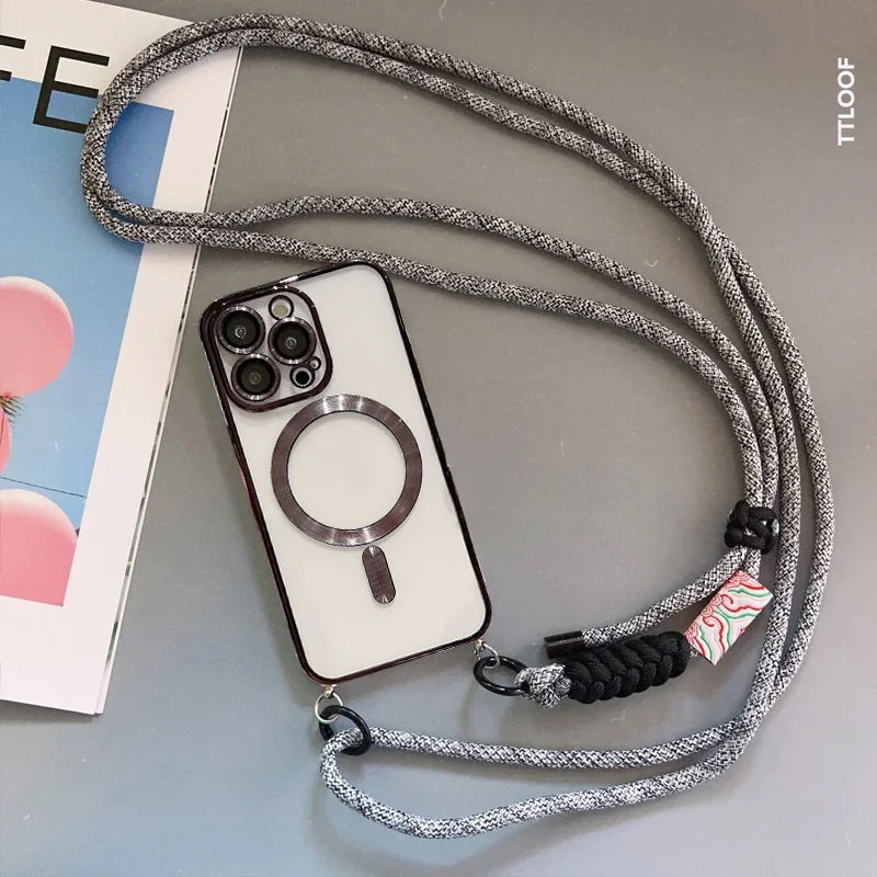 Crossbody Adjustable Lanyard Magnetic Phone Case with Plating Finish and Soft Cover