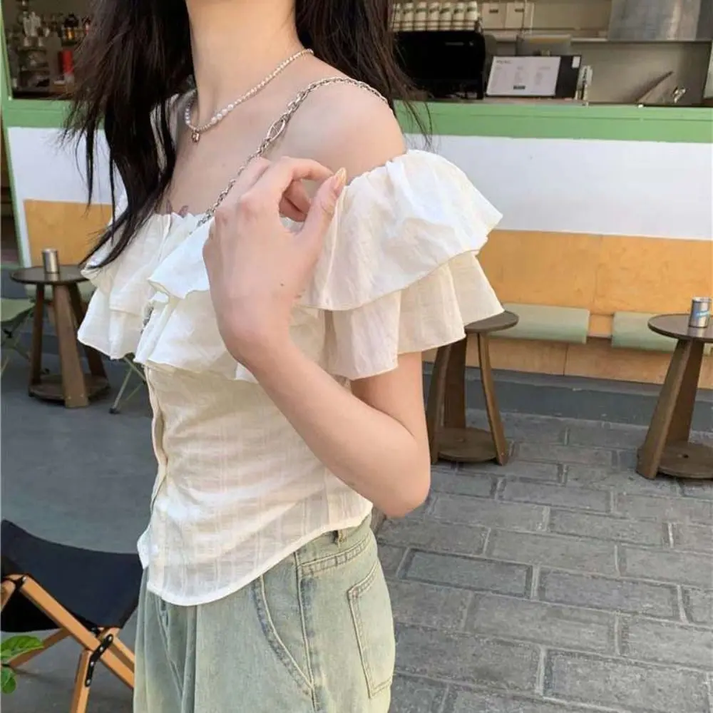 Fashion Boat Neck Off Shoulder Tops Ruffle Thin Beige Short T-shirts Ins Style Shirt Y2K Short Sleeves Tops Clue