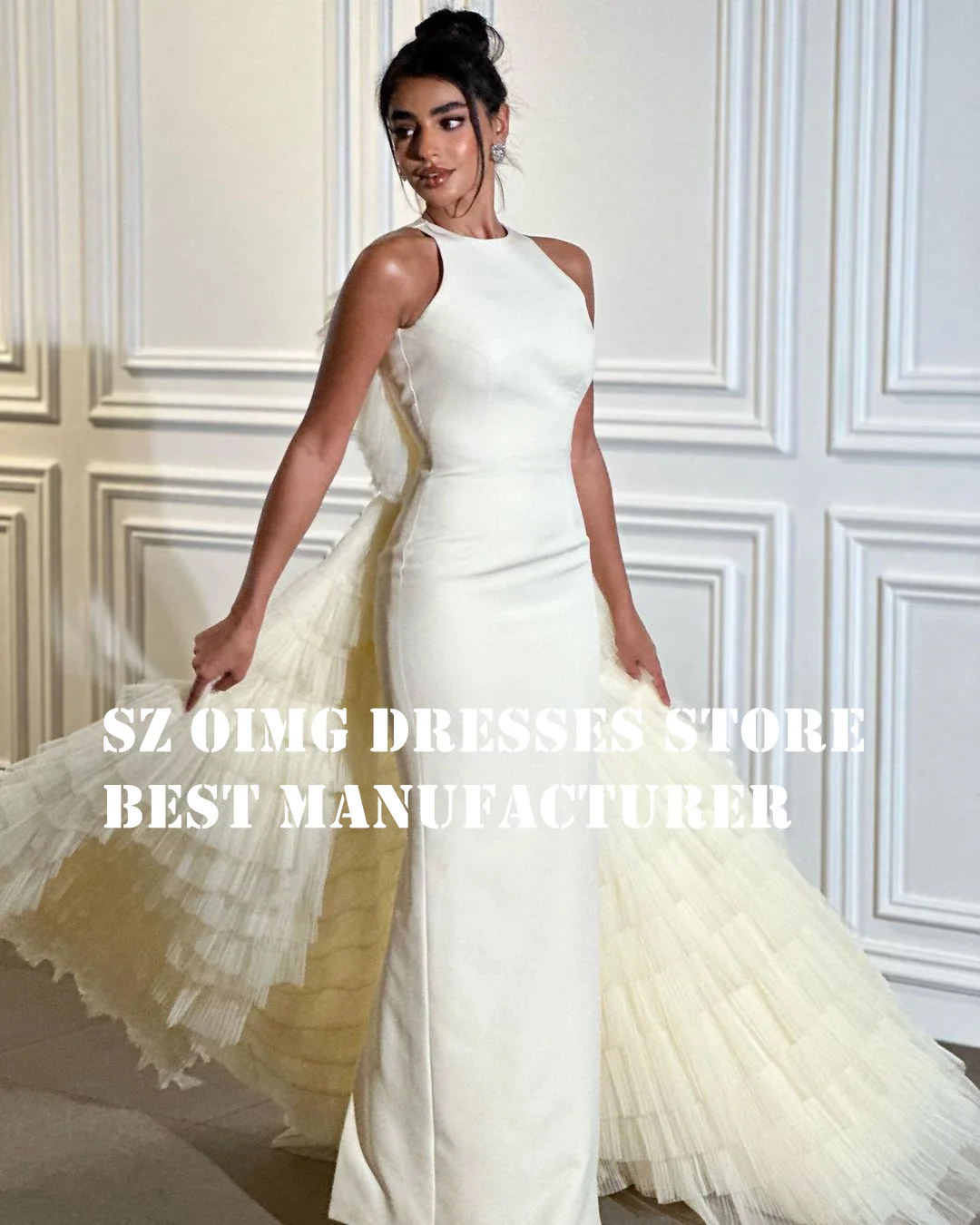 

OIMG O-Neck Prom Dresse Arabic Sleeveless Floor Length Short Ruffles Ruched Sheath Women Evening Gowns Formal Party Dress