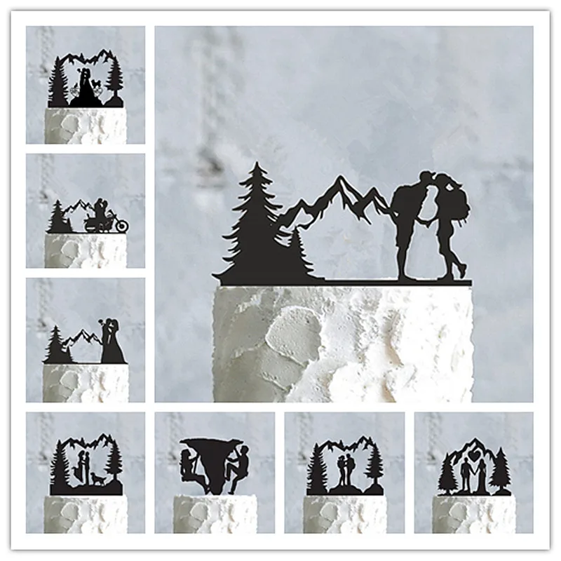 Mountain Outdoor Wedding Cake Topper Backpacking Campeggio Sposa E Sposo Escursionismo Viaggi Festa Fidanzamento Legno Decorazione Acrilica