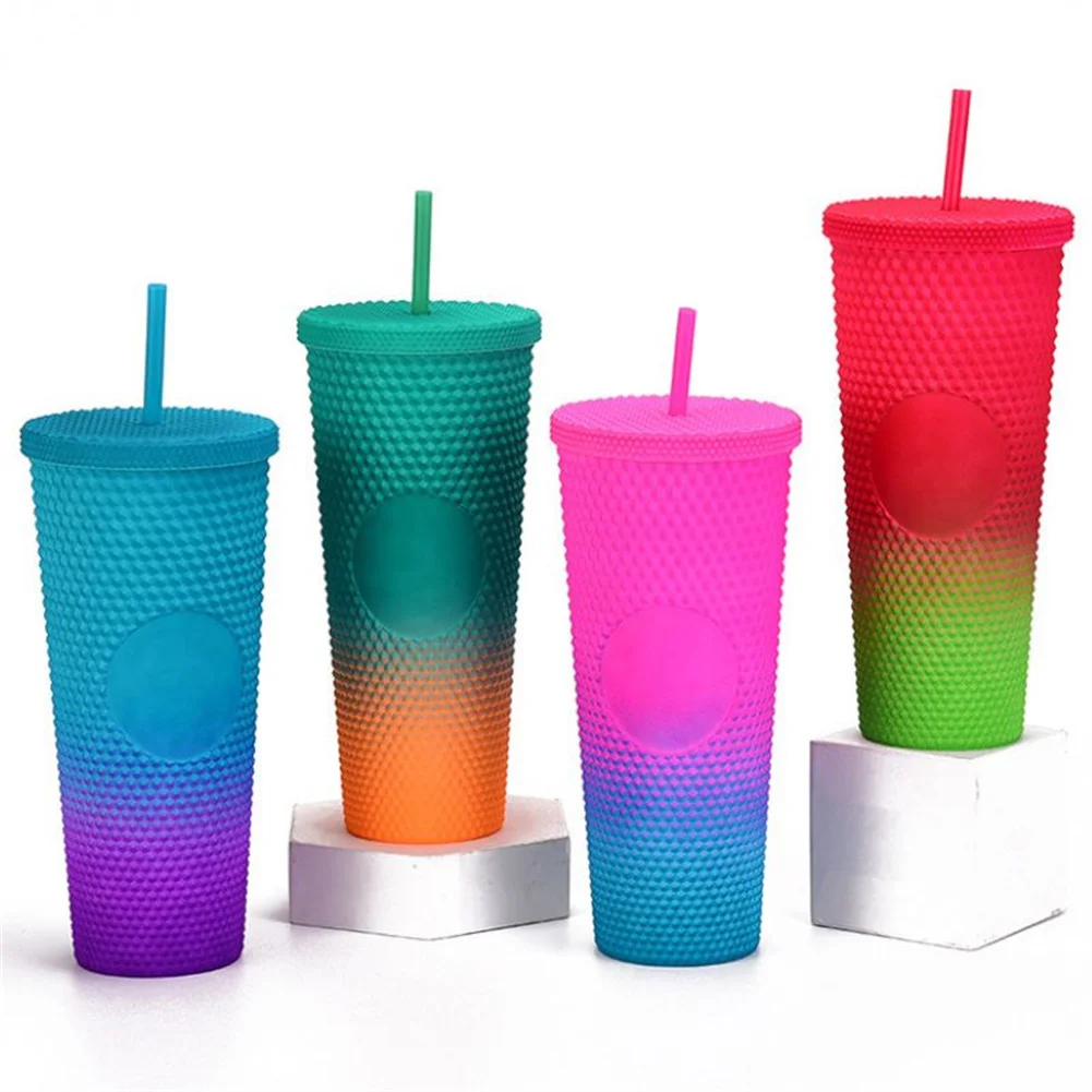

710ml Straw Cup With Lid Reusable Plastic Tumbler Layer Plastic Large Capacity Durian Cup Gradient Sports Bottles