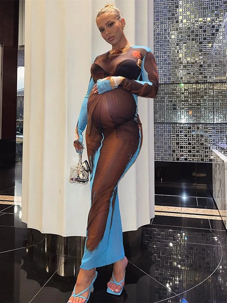 

WJFZQM Graffiti Y2K Vintage Clothes Festival Party Club Dress Tie Dye Print Lace Up Long Sleeve Sexy Backless Maxi Dress Women