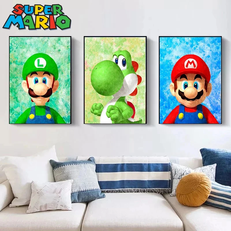 Super Mario Bros Poster Anime Luigi Yoshi Room Wall Canvas Painting Poster Cartoon Background Decoration Art Wall Painting Gift