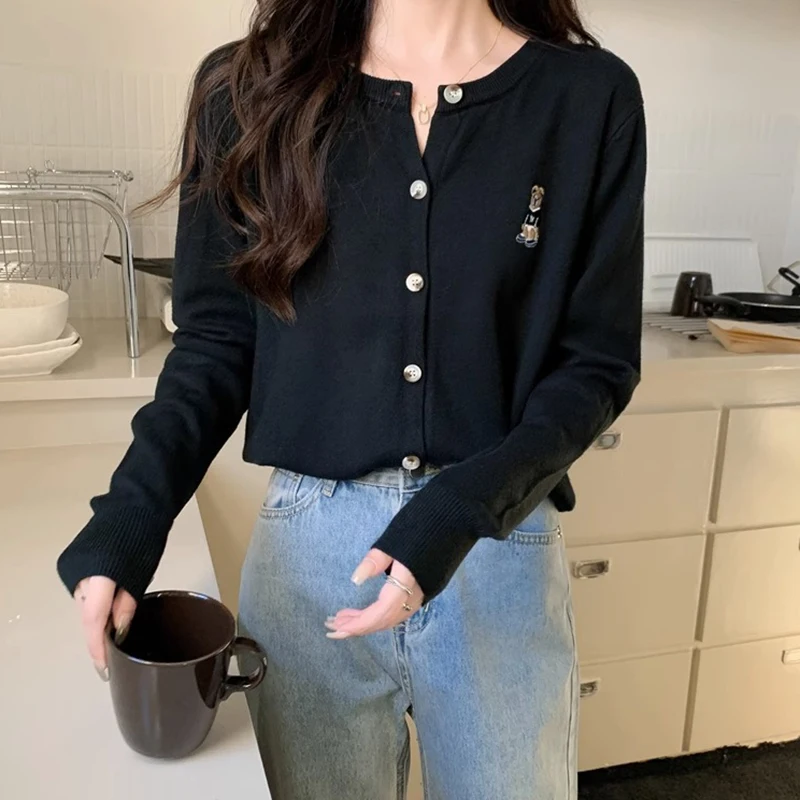 Women Autumn Winter Short Sweater Solid Color Bear Embroidery Cardigan