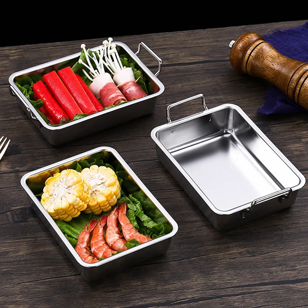 Stainless Steel Food Storage Tray Double Ears Fried Chicken Square Plate Snack Fruit Plate Food Display Kitchen Tools, A