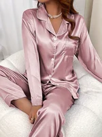 Ladies' autumn and winter solid color imitation silk comfortable and elegant purple pajamas women's long sleeved home suit set - Image 4