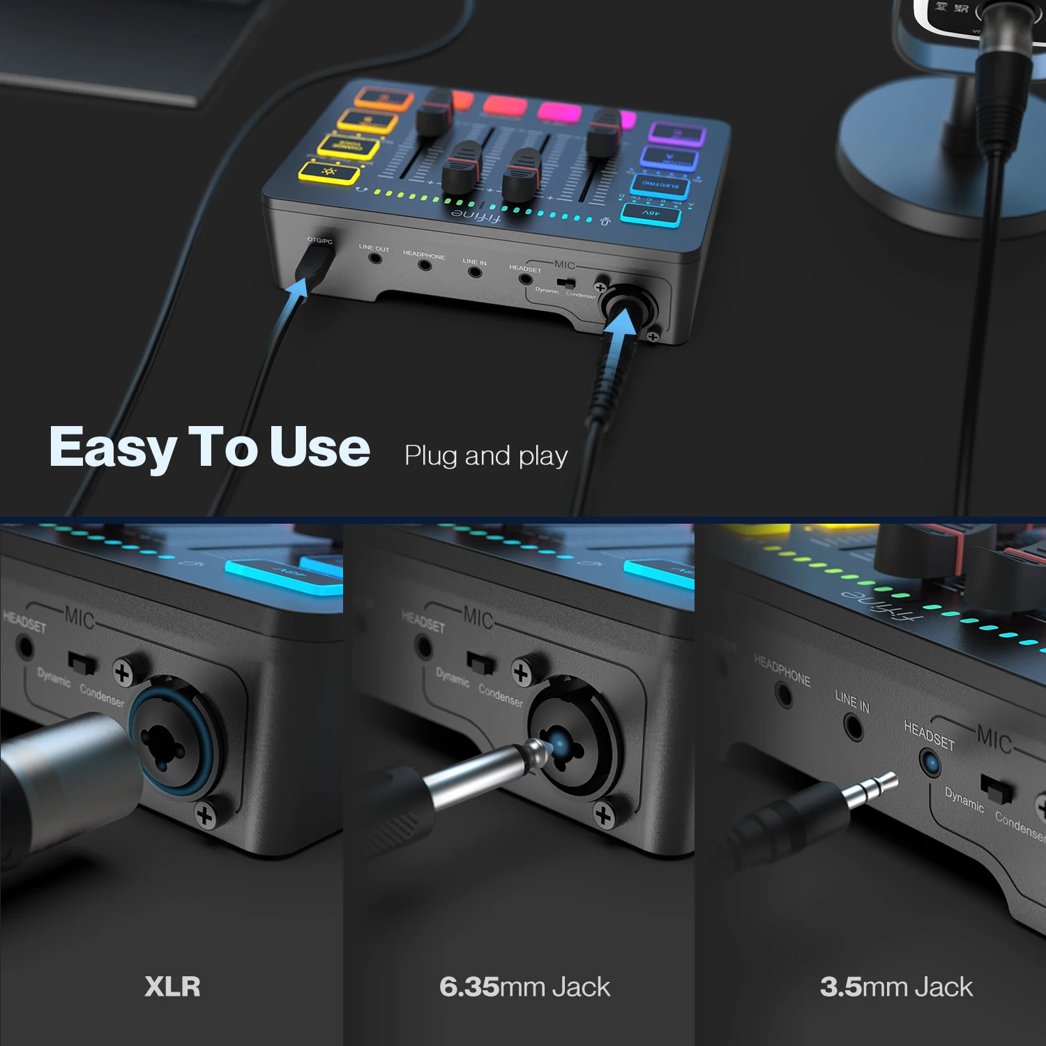 FIFINE USB Játék Keverőpult vel XLR microph felület, 48V Megmutatás áram, RGB, Döng rty számára podcasting Vízhozam ampligame SC3