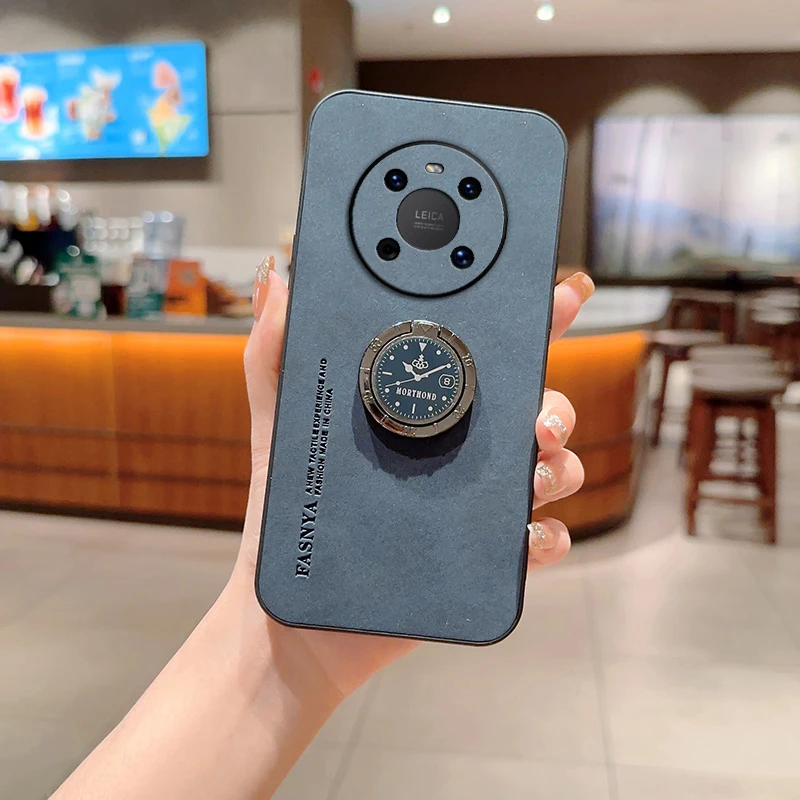 Luxury Matte Leather Phone Case with Ring Bracket and Shockproof Design