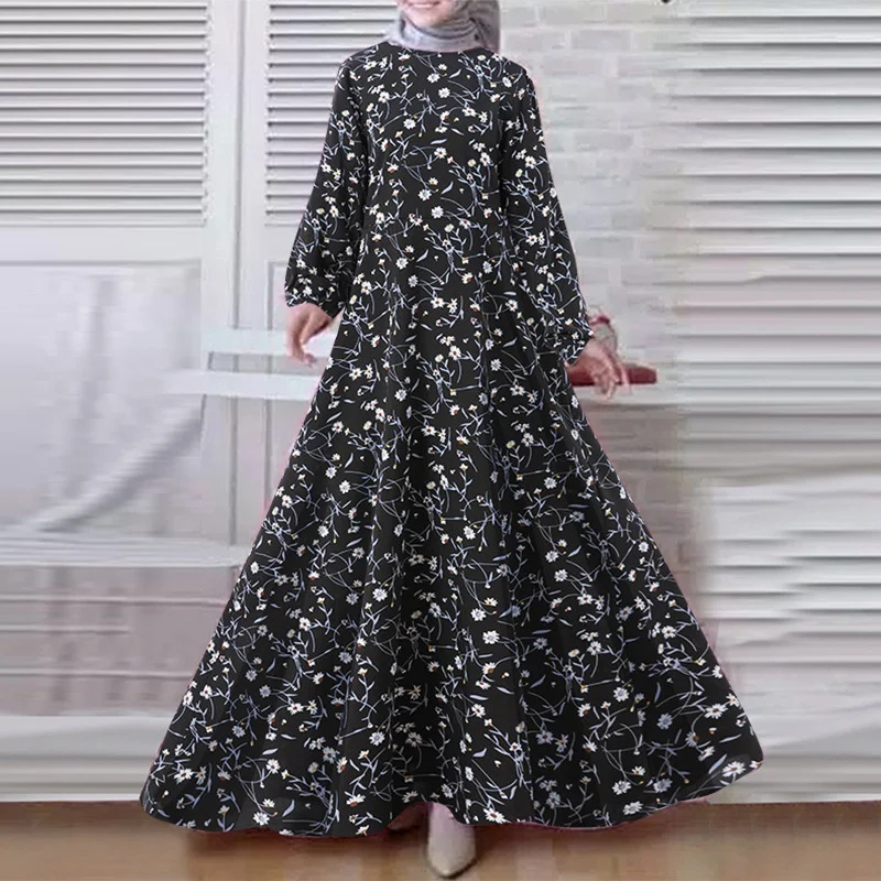 Women's Muslim Robe Dress Plus Size Floral Printed Vintage Casual Full Sleeve Long Dress Islamic Prayer Female Vestidoes