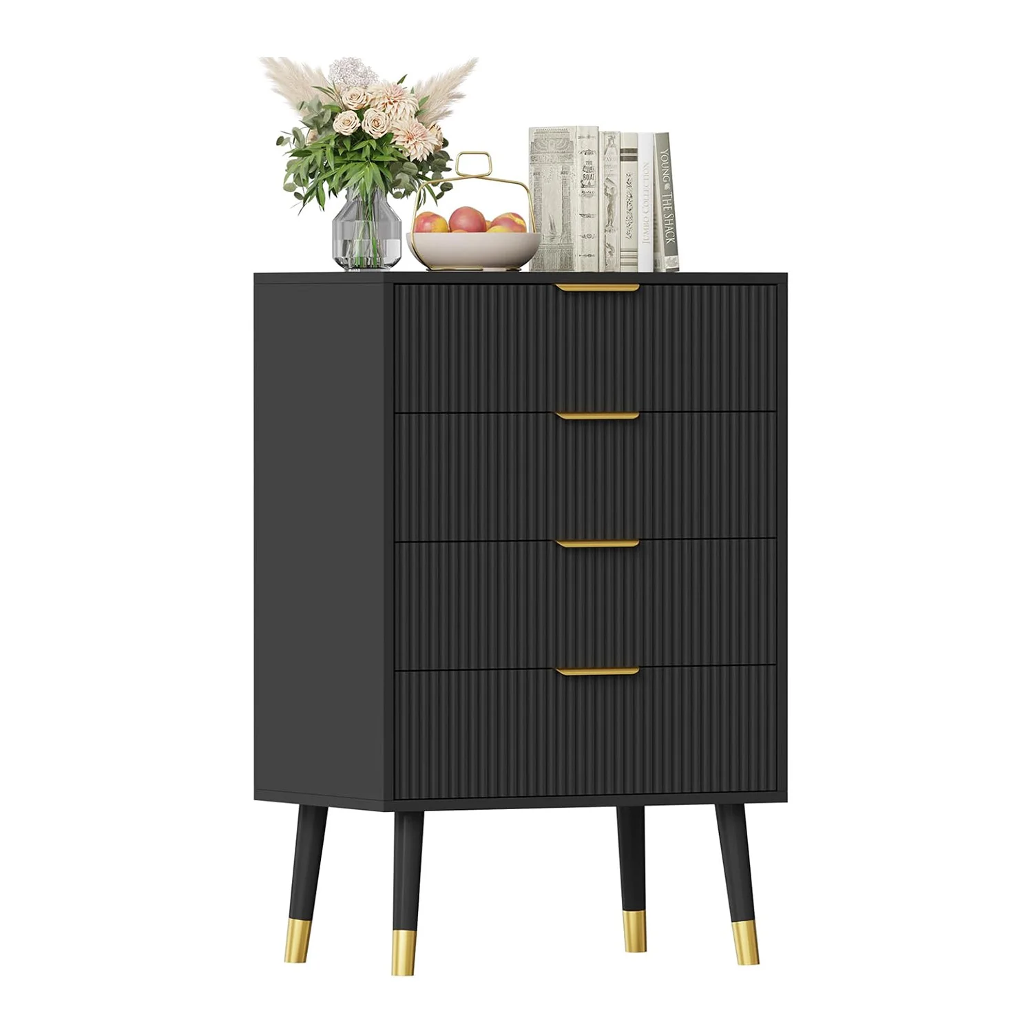 Kommode mit 4 Schubladen für Schlafzimmer, Kommode mit goldenen Griffen, hohe Kommode, kleiner Aufbewahrungsschrank aus Holz für Wohnzimmer – Detail 3