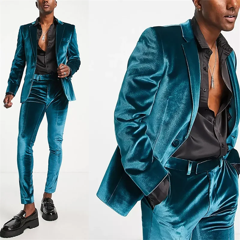 

Dark Green Velvet Men Suits Set Blazer +Pants Groom Prom Party Wedding Tuxedos Custom Made Autumn Winter 2 Pieces Designer Coat