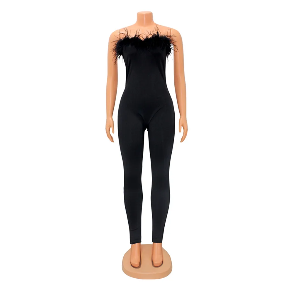BKLD 2023 Summer New Style Slim Fit Feathers Patchowrk Wrapped Chest Off The Shoulder One Pieces Long Pants Strapless Jumpsuits