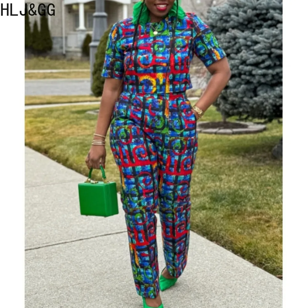 HLJ&GG Casual Two Piece Sets Women Vintage African Print Crop Top and Loose Wide Leg Pants Casual Straight Pants Matching Sets