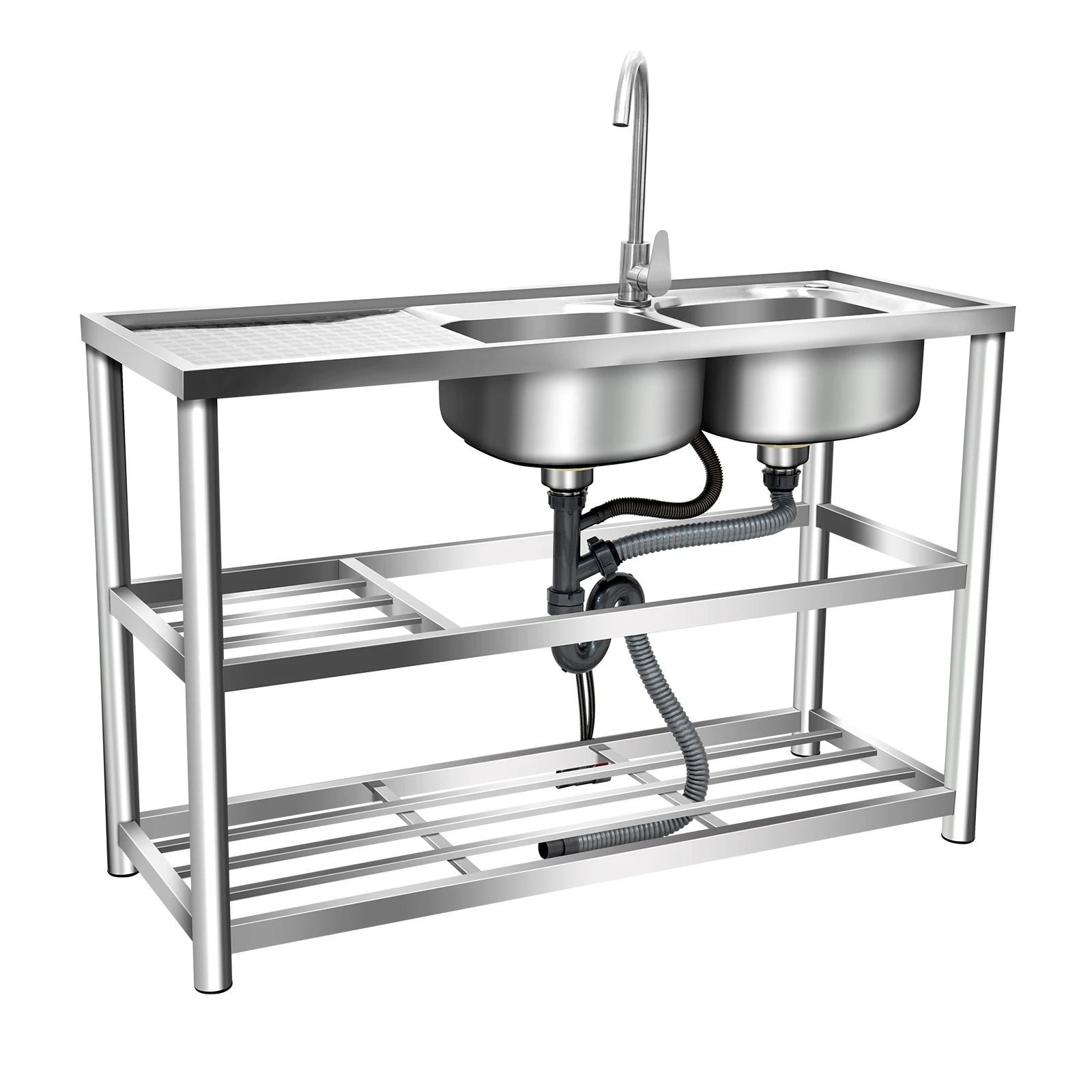 Kitchen Commercial Sink with 2 Bowls 2 Compartment Utility Sink with 2 Drainer & 2 Shelves 304 Stainless Steel 5