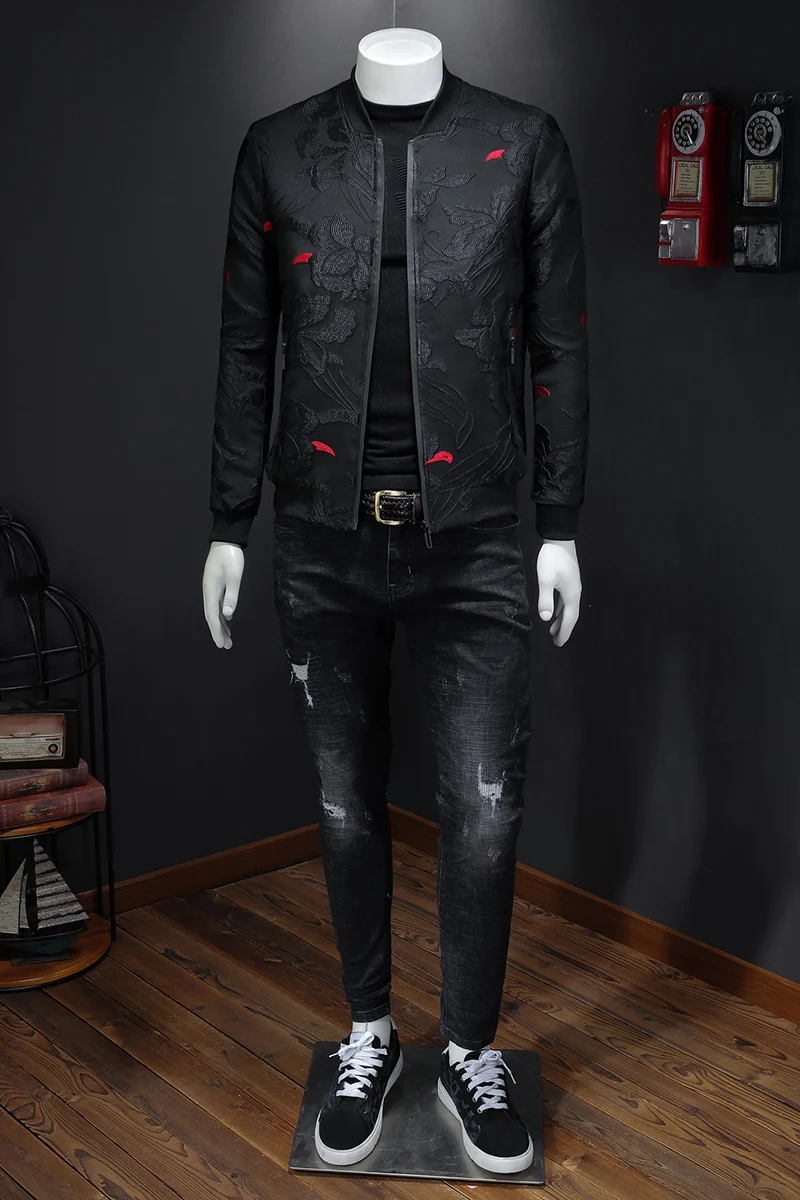 Korean version of fashionable men's printed Jacket, slim fit retro business jacket, men's autumn retro bomber jacket  coats men