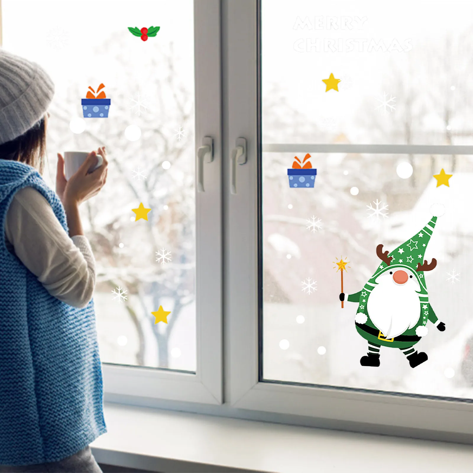 

Santa Gnomes Pattern Window Glass Stickers For Home Shopping Mall Christmas Decoration Electrostatic Stickers Decals Wallpaper