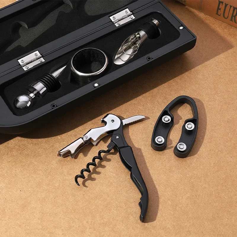 Stainless Steel Wine Opener Set Portable Foil Cutter Wine Pourer and Drip Ring with Bottle-Shaped Case Champagne Opener Gadgets