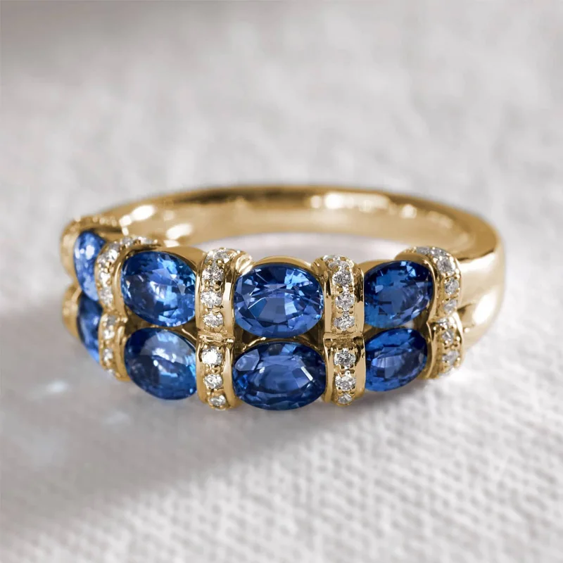 Ost-West Doppelreihiger Labor-Saphir-Diamant-Ring Labor-gezüchteter Ovaler Saphir und Labor-Runddiamant-Ring 9K/14K/18K Gelbgold-Ring – Detail 4