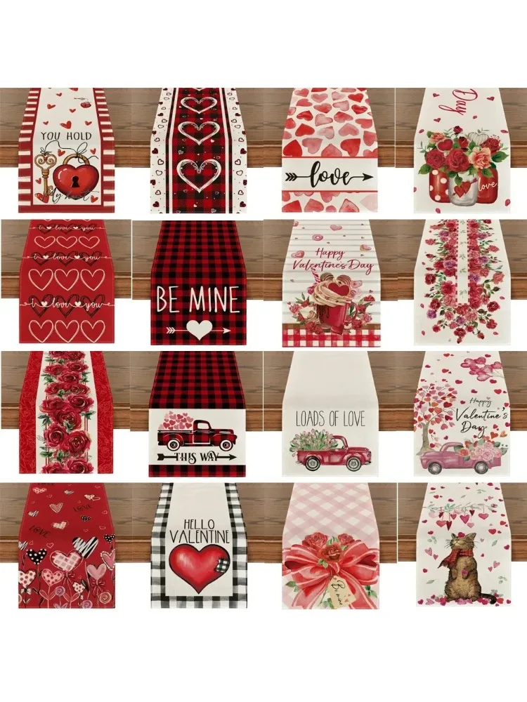 빨간 장미 러브 하트 테이블 러너 발렌타인 데이 식탁보, 웨딩 파티 다이닝 룸 테이블 커버, 로맨틱한 파티 장식, 2024 신제품