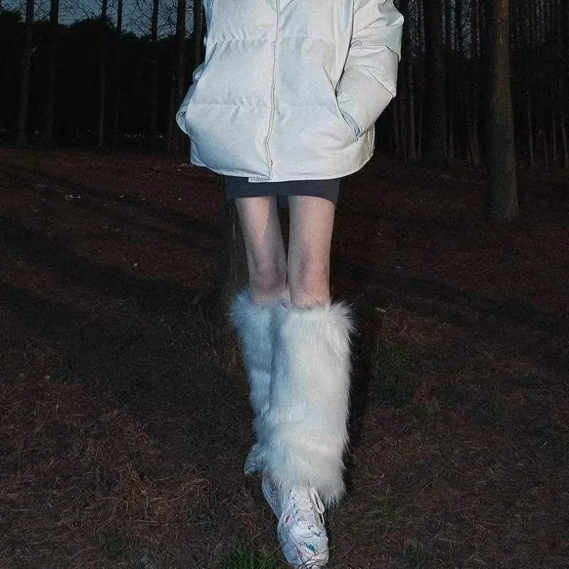 25/40cm Y2K White Faux Fur Leg Warmers Boot Covers Goth Solid Leg Socks Punk Jk Knee-length Hiphop Hotgirl Fashion Warm Sock