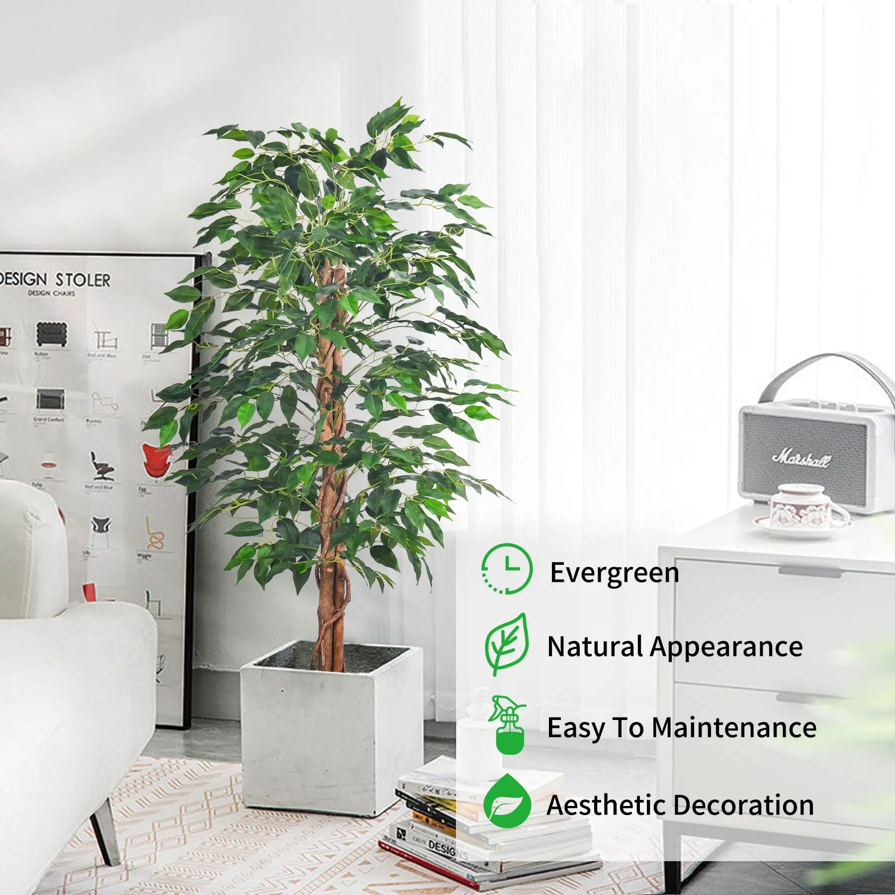 150/180 cm künstlicher Ficus-Baum – immergrüne buschige Pflanze mit schwarzem Kunststofftopf für Heim- und Büro-Innendekoration – Detail 2