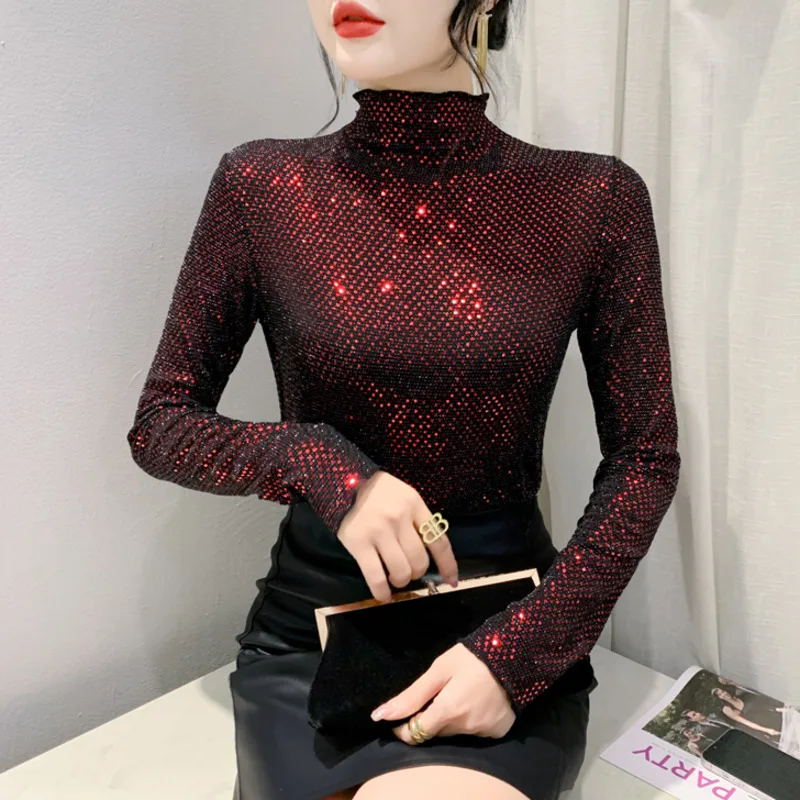 

#8872 Black Gold Red Sequined T Shirt Women Shinny Turtleneck T Shirt Long Sleeve Skinny Sexy Club Streetwear Women's T-shirt