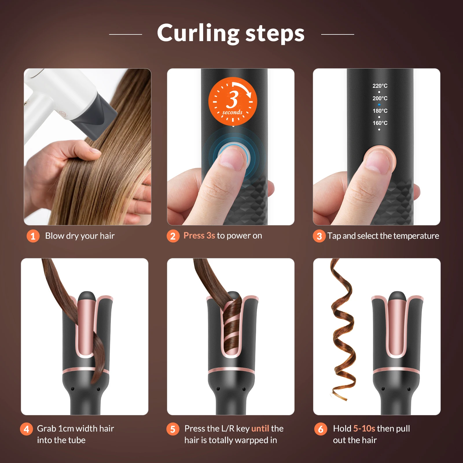 Automatic Curling Iron Hair Curler Machine Electric Automatically Curly Tongs Portable Professional Auto Rotating Wand Curl