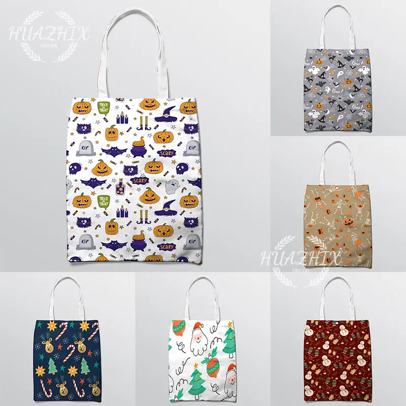 

Christmas Halloween Shoulder Bag Print Shopping Tote Canvas Trendy School Beach Eco Women Handbag Casual Reusable Large Capacity