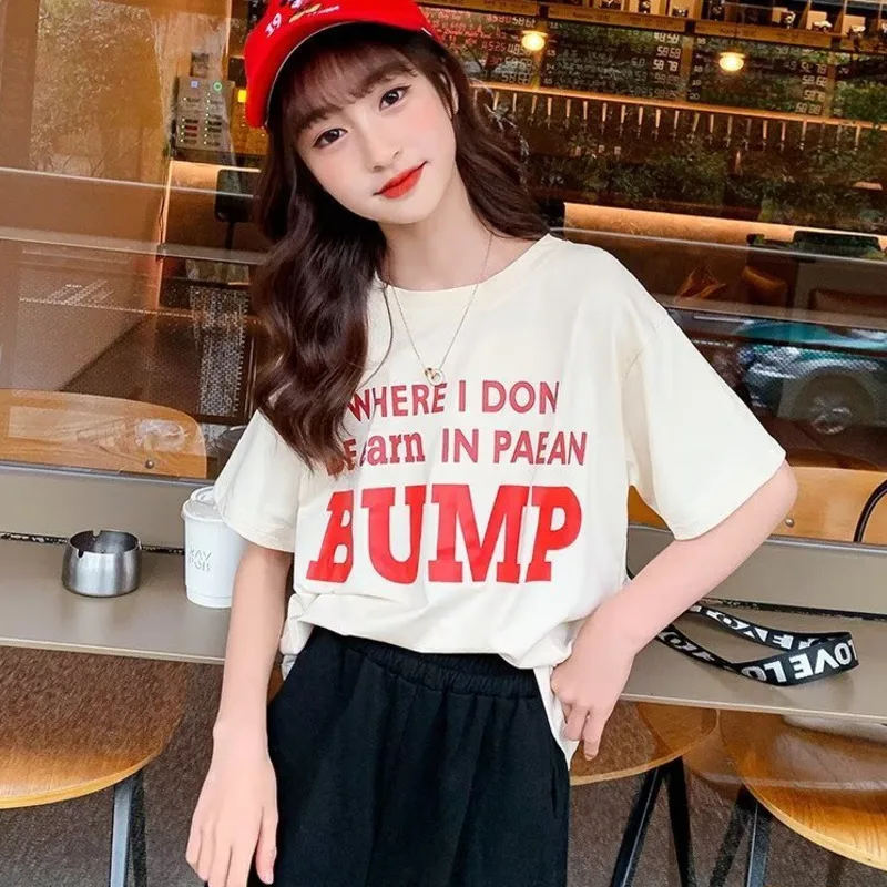 

Girls' Short Sleeved T-shirt Summer New Children's Letter Printing Casual And Fashionable Middle School Children's Top Fashion