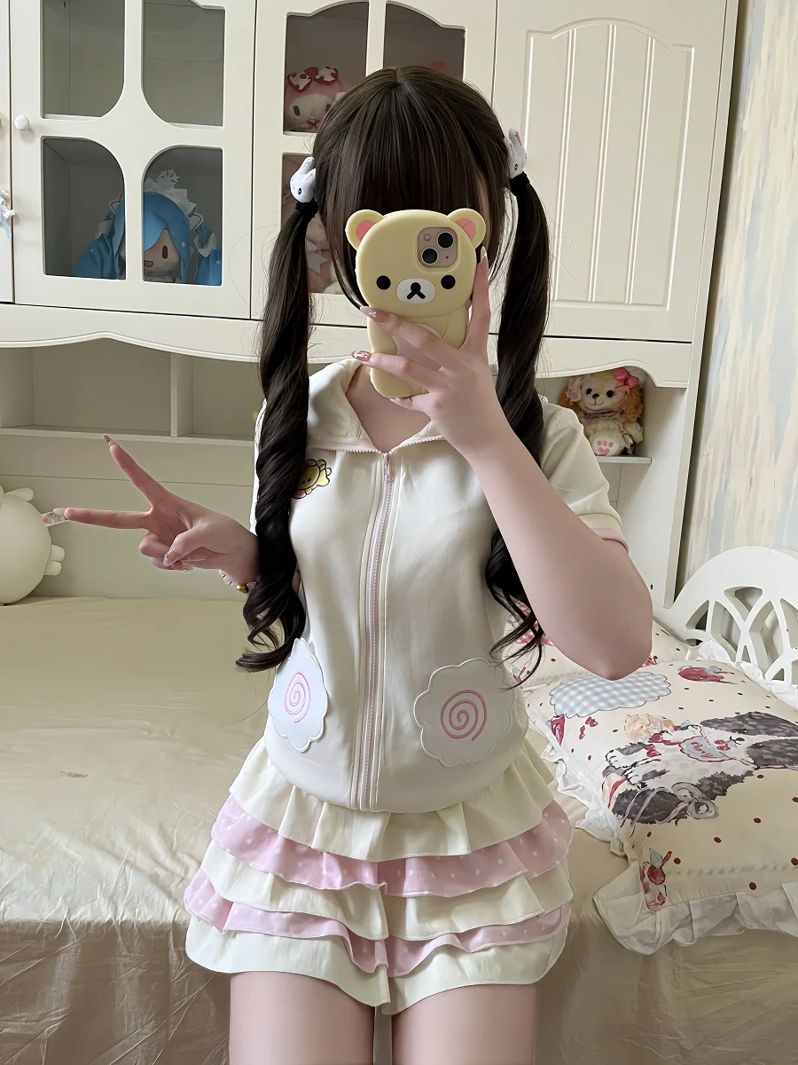 Bear Embroidered Short Sleeve Top Japanese Style Cute Soft Girl Summer Hooded Short Sleeve Zipper Jacket Women Slimming Top