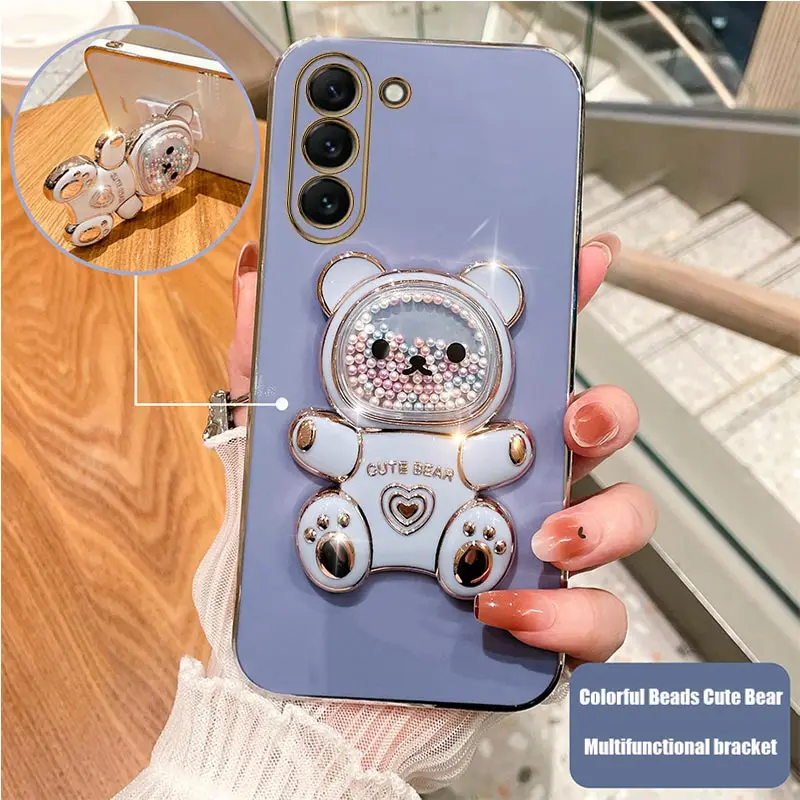 Coque de téléphone plaquée avec support d'ours mouvant, étui mignon pour Samsung Galaxy S23 S21 S20 S22 S10 Note 10 20 23 Plus Ultra S21Fe_voghion.com