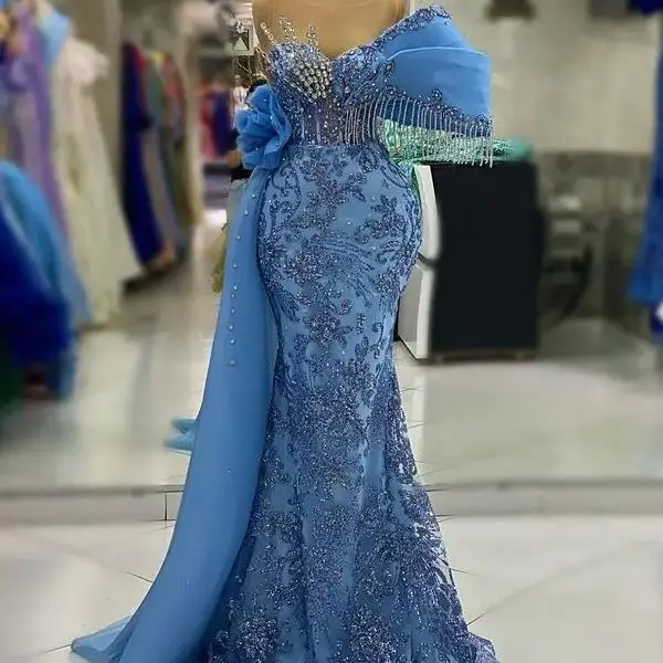 crystal beaded mermaid dress Luxury Blue Crystal Beaded Mermaid Evening Dress With Cape Sleeves LA73692