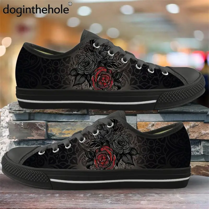 

Hot Sale Gothic Rose Pattern Vulcanized Sport Shoes For Women Men Canvas Low Top Flat Shoes Casual Breath Sneakers For Teenagers