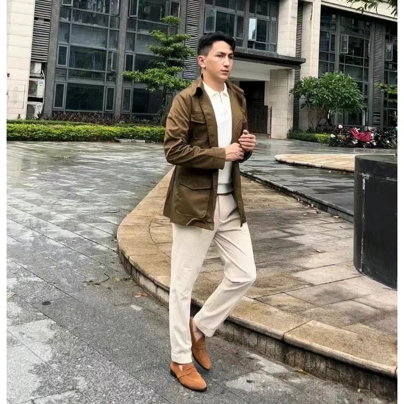 Warmth Coat Waterproof Windbreaker Jacket Casual Men Jacket Outdoor Jackets Autumn Men's Multi Pocket Coat Mid length Slim Fit Thin Large Windbreaker Waist Wrapped Casual Coat мужская одежда