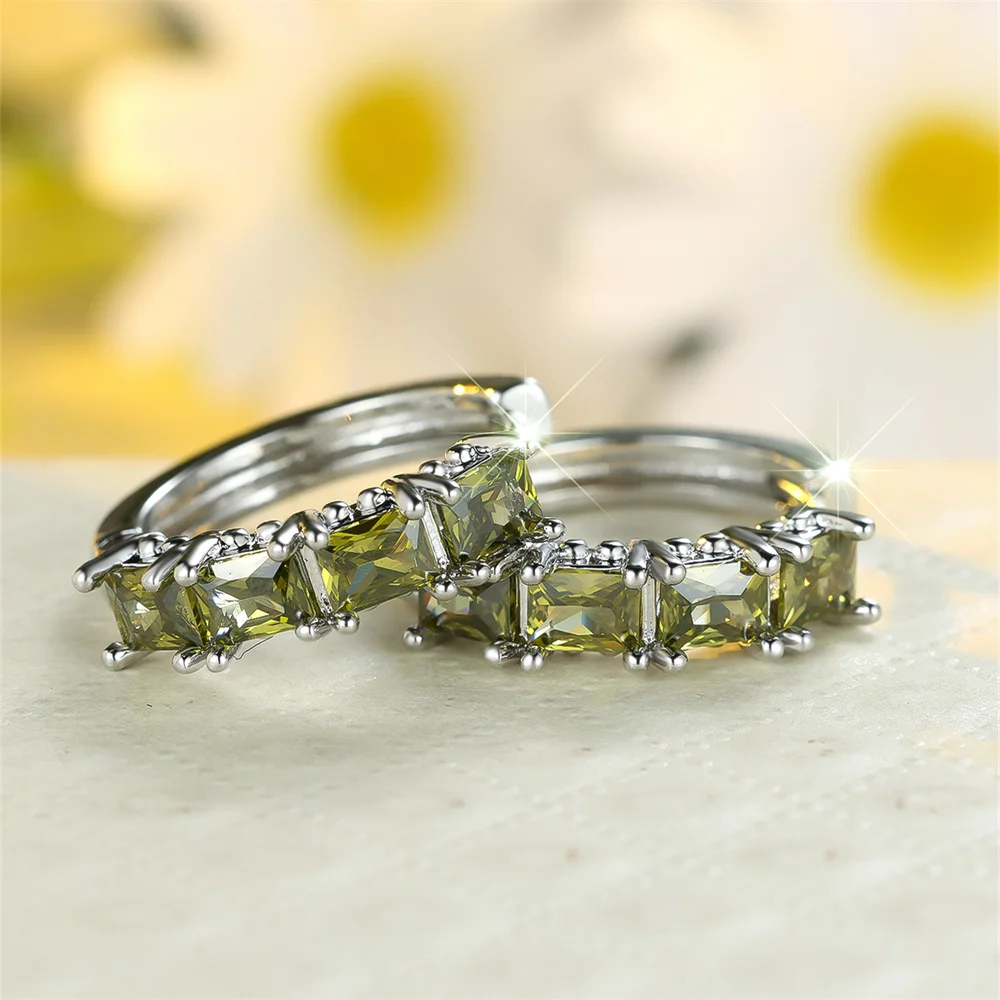 Olive Green Crystal Zircon Square Stone Hoop Earrings For Women Vintage Silver Color Birthstone Ear Buckle Wedding Jewelry Gifts