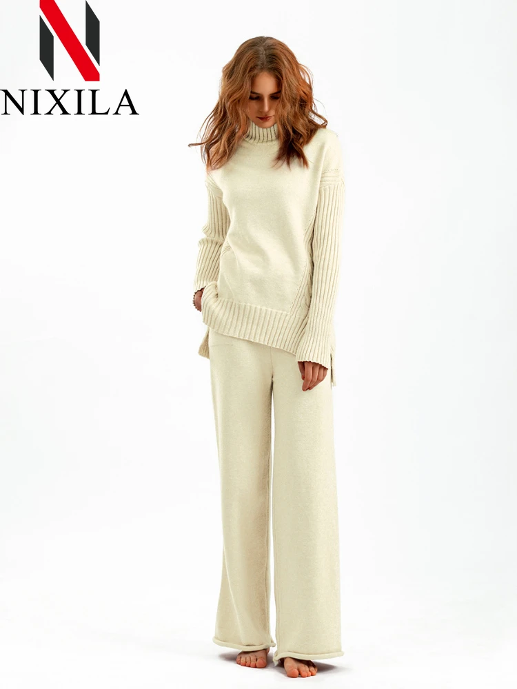 

Новый Зимний осенний свитер, комплект из 2 предметов, модные вязаные брюки с широкими штанинами, элегантный пуловер в стиле ретро, комплект из двух предметов