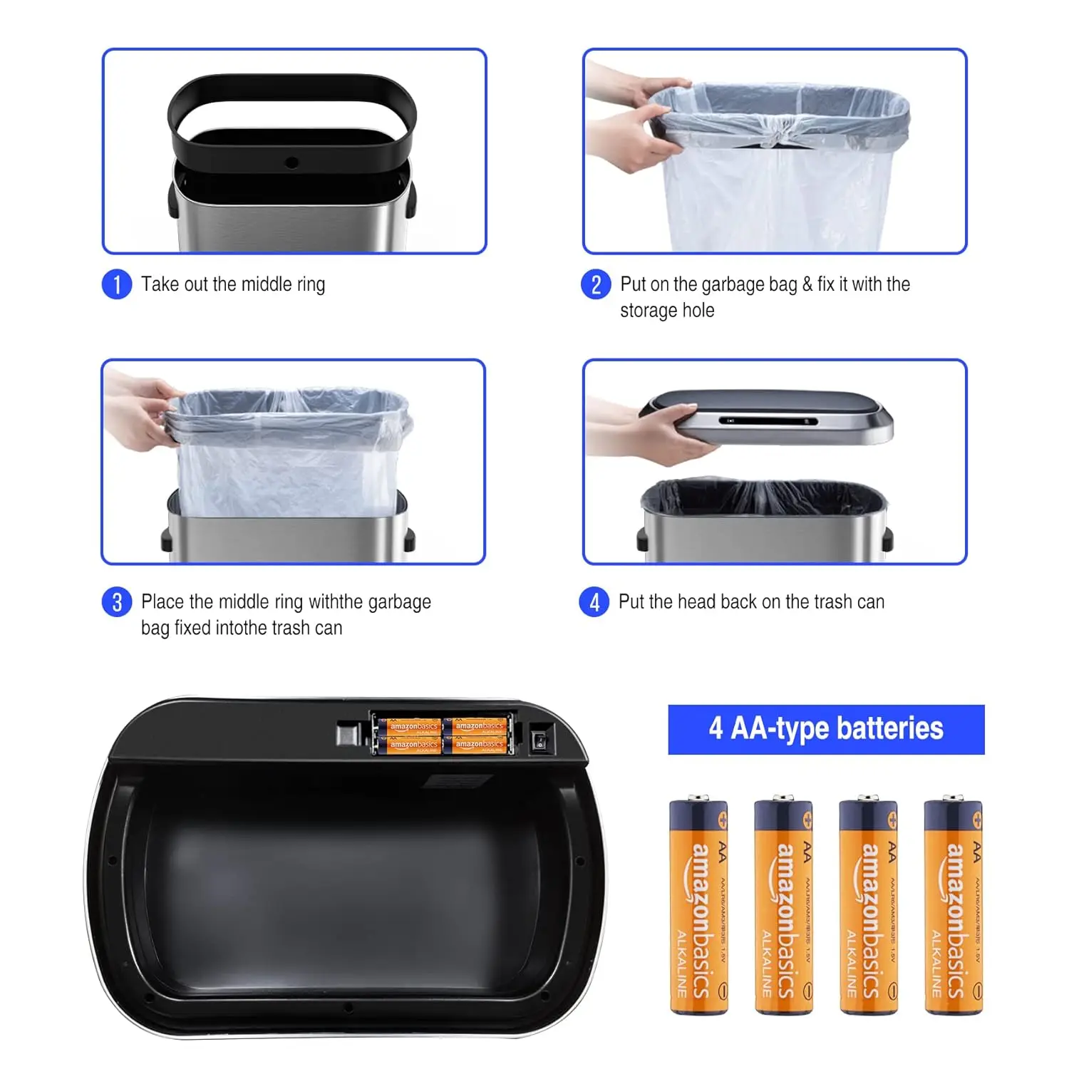 Smart Automatic Trash Can with Lid 13 Gallon, Stainless Steel Thickened Body & Super Mute Sensor Lid with 30 Count, Customized 4