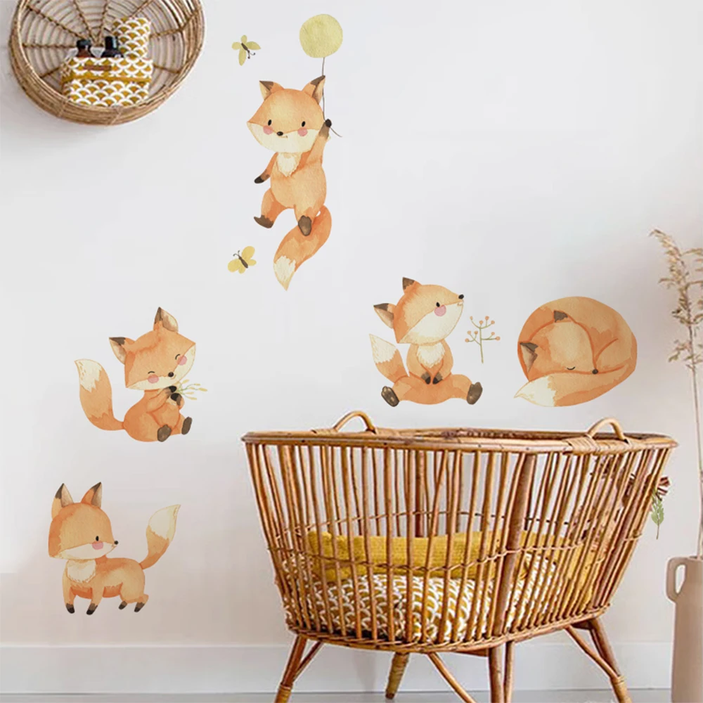 Boho Cartoon Cute Fox Friend Animal Clouds Wall Decal Watercolor Vinyl Nursery Print Kids Boys Girls Room Interior Home Decor