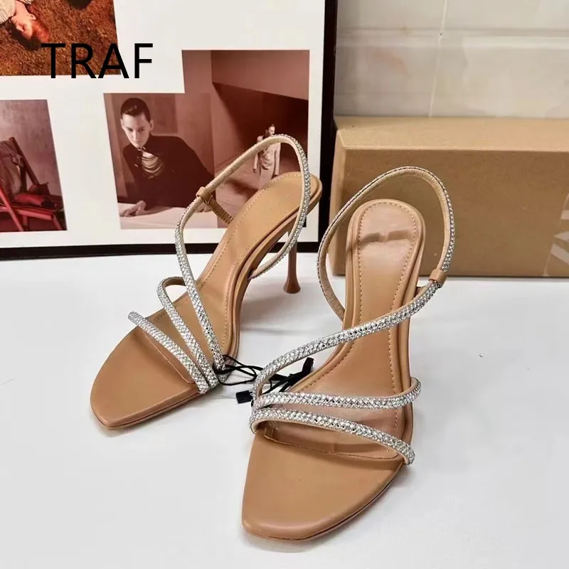 

TRAF 2024 New Rhinestone Slingback High Heeled Sandals Women Pumps Summer Square Head Toe Sexy High Heels Party Women Shoes