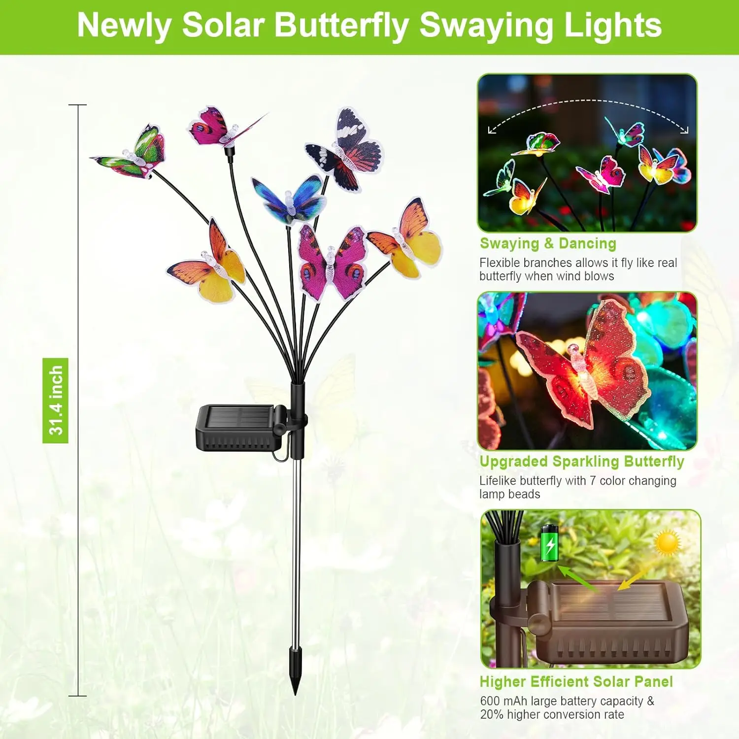 Solar Lights Solar Garden Lights Pack Lifelike Swaying Butterfly 7 Color Changing Waterproof Outdoor Solar Lights for Yard Pathway Garden