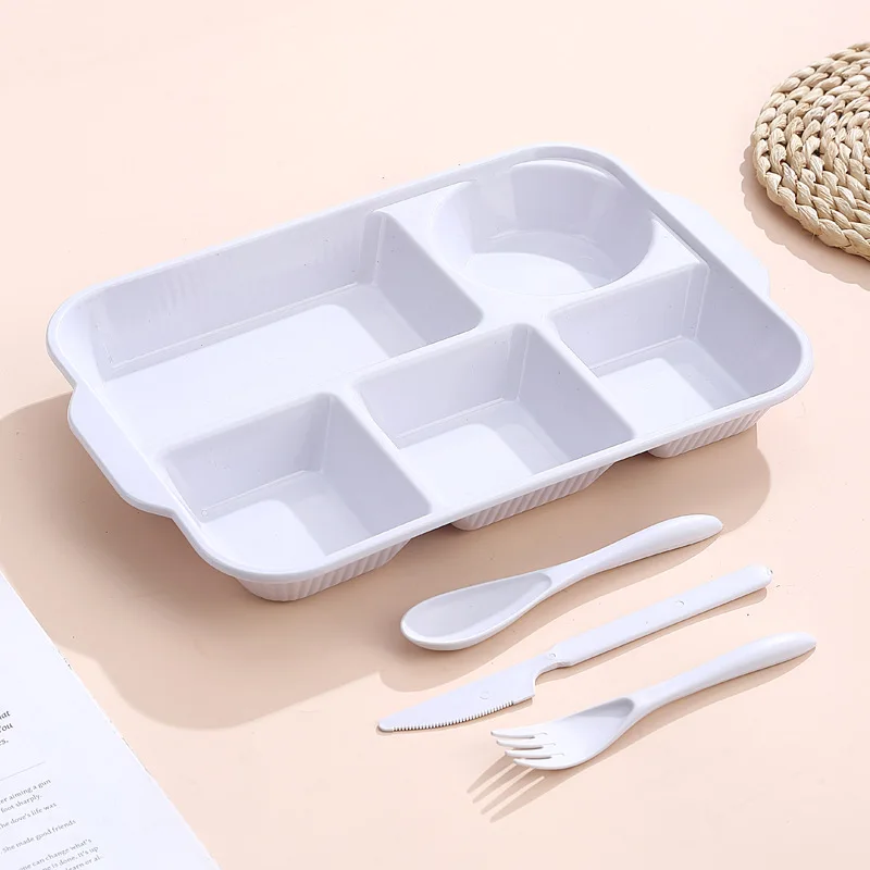 Portable 5 grids Meal Box Food Grade PP Rectangular Divided Lunchbox Separating Plates with knife fork spoon Dinnerware Set