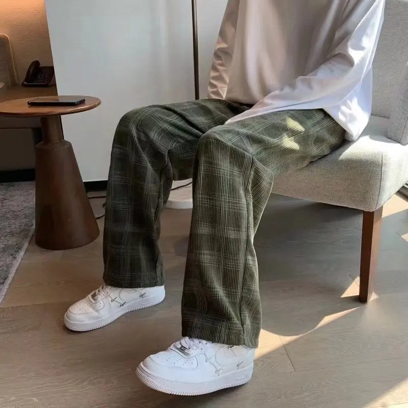 

Plaid Straight Cylinder Summer Patchwork Men Straight Leg Pants Trend Loose Korean Spring All-match Wide Legs Casual Trousers