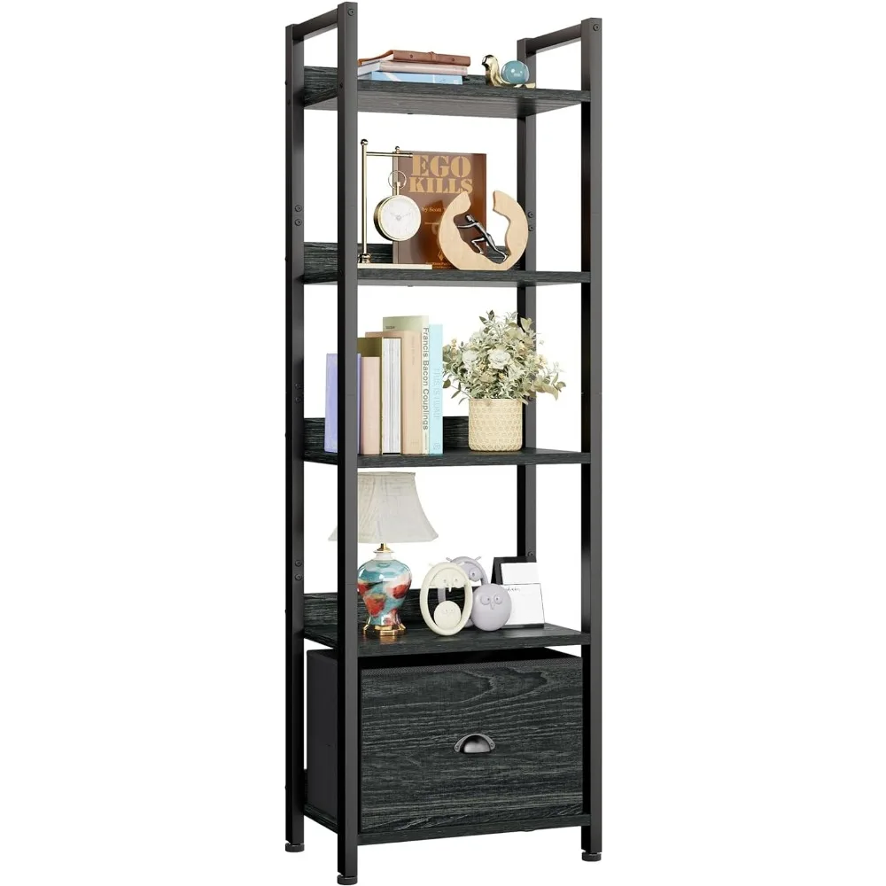 

Bookcase Kitchen Bakers Rack With Storage Book Shelf 5 Tier Bookshelf With Drawer Industrial Free Standing Display Shelf Black