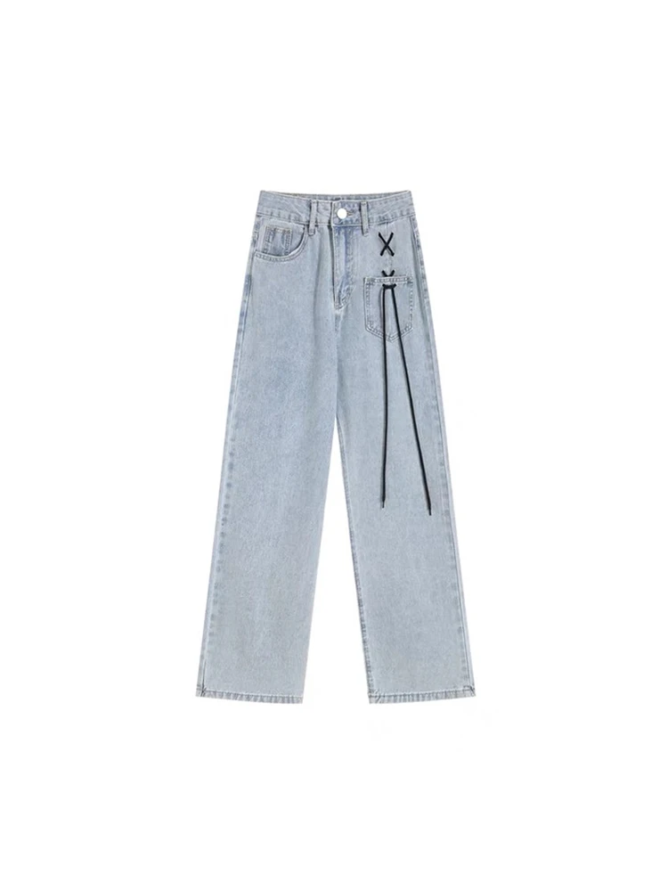 Woman Jeans High Waist Clothes Wide Leg Denim Clothing Blue Streetwear Bandage Vintage Chic 2022 Harajuku Straight Pants Mujer cargo pants Jeans