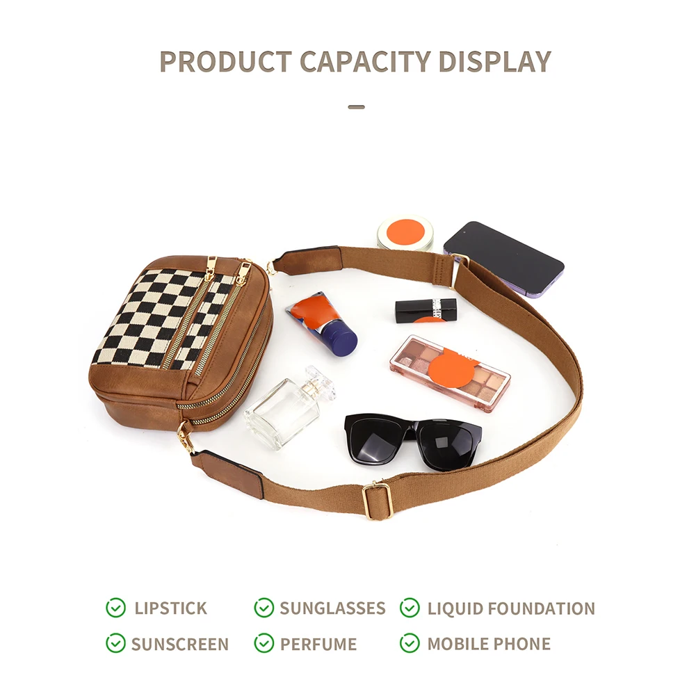 PU Checkered Tote Bag Zipper Closure Stylish Crossbody