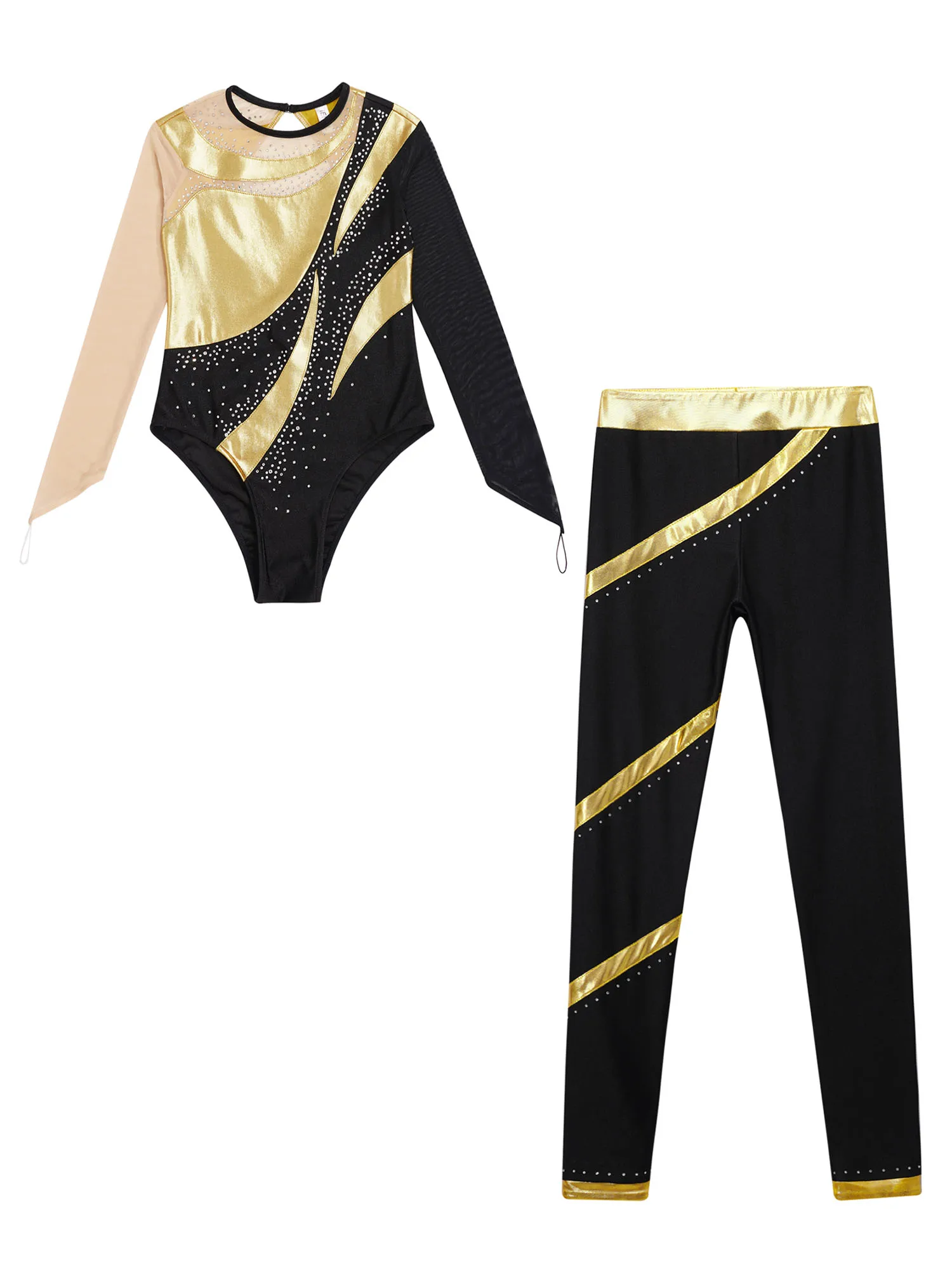 Kids Girls Shiny Rhinestones Gymnastics Outfits Long Sleeve Leotard Bodysuit with Long Leggings Pants for Skating Performance