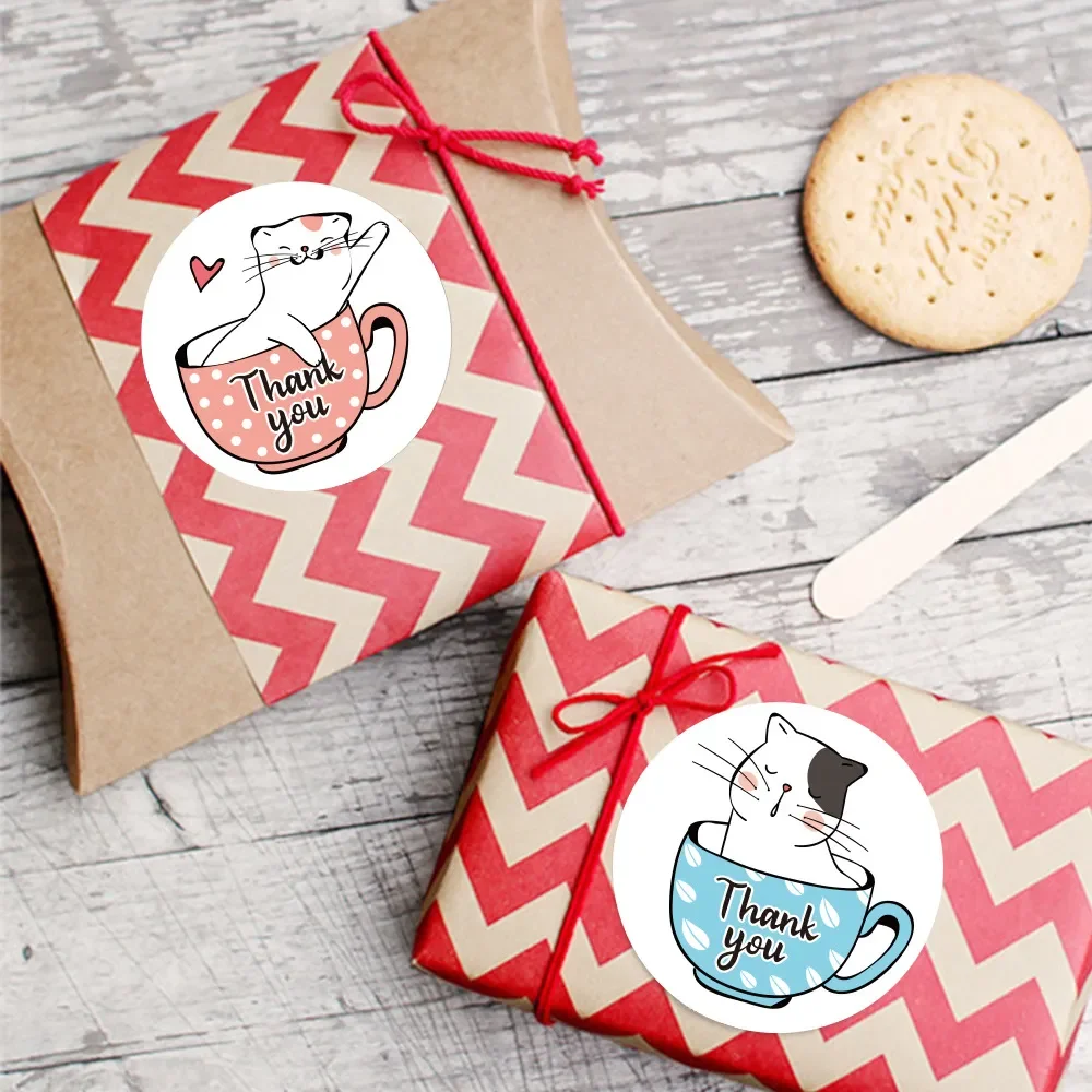 

Kawaii Cat Thank You Stickers Round Cartoon Animal Adhesive seal Labels for Greeting Cards Gift Decoration Stationery