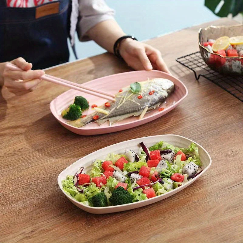 1pc Oval Dinner Plate, Wheat Straw Household Serving Plate, Fruit Salad Dinner Plate