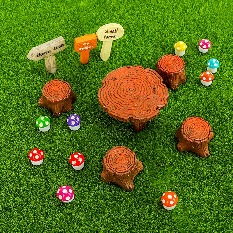 Mini Resin Fairy Garden Artificial Grass Fake Moss Mushrooms Wood Log Furniture Forest Path Signs for DIY Micro Landscape Decor